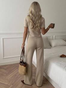 SHEIN Solid Ribbed Mock Neck Short Sleeve Top Lounge Pants Co-Ord Set, Suitable For Autumn, Cute Minimalist Casual And Basic Chic Beige Brunch - Beige - View 2