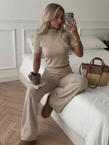 SHEIN Solid Ribbed Mock Neck Short Sleeve Top Lounge Pants Co-Ord Set, Suitable For Autumn, Cute Minimalist Casual And Basic Chic Beige Brunch - Beige - View 4