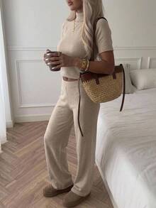 SHEIN Solid Ribbed Mock Neck Short Sleeve Top Lounge Pants Co-Ord Set, Suitable For Autumn, Cute Minimalist Casual And Basic Chic Beige Brunch - Beige - View 5