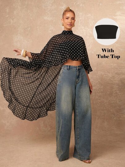 Lumalex Women's Elegant Black And White Polka Dot 2-Piece Set,Summer Cape Sleeve Stand Collar Asymmetrical Ruffled Blouse With Tube Top,Tea Party Night Out