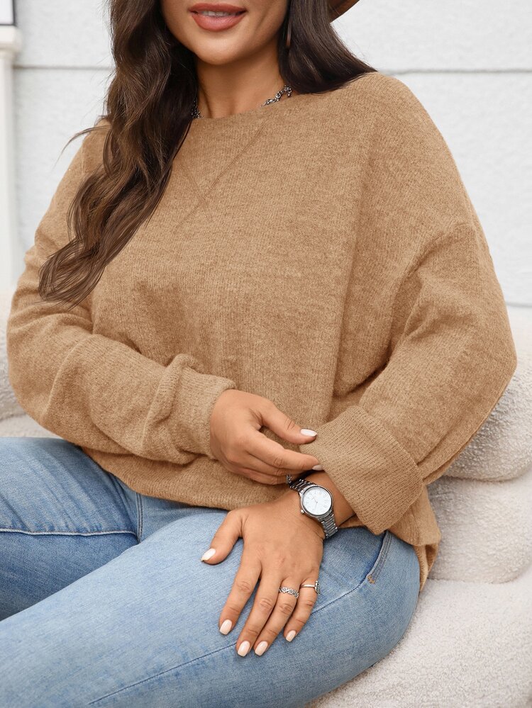 Rosumi Plus Size Women's Solid Color Round Neck Drop Shoulder Long Sleeve Casual Loose Sweatshirt, Autumn/Winter Fall - Khaki - View 5