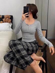 SHEIN 青少年女孩格紋簡約長袖時尚休閒褲裝套裝 秋冬穿搭 萬聖節/聖誕節 - 灰色 - 查看 6