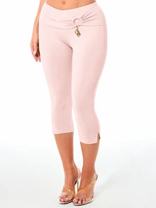 BABYPHAT Capri Leggings With O-Ring Ruched Waistband And Side Slit Hem - Fitted Cropped Pants For Spring Summer Vacation - Baby Pink - View 1