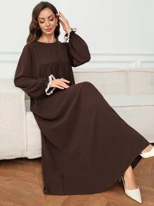 Al Najma 女款蕾絲拼接百褶休閒端莊優雅阿拉伯風派對度假洋裝 冬季 - 摩卡棕 - 查看 5