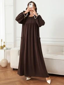 Al Najma 女款蕾絲拼接百褶休閒端莊優雅阿拉伯風派對度假洋裝 冬季 - 摩卡棕 - 查看 4