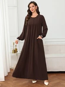 Al Najma 女款蕾絲拼接百褶休閒端莊優雅阿拉伯風派對度假洋裝 冬季 - 摩卡棕 - 查看 6
