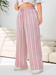 Solflare Plus Size Women Striped Patchwork Drawstring Waist Casual Pants Fall - White - View 3