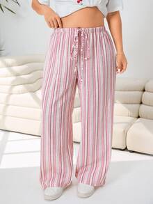 Solflare Plus Size Women Striped Patchwork Drawstring Waist Casual Pants Fall - White - View 4