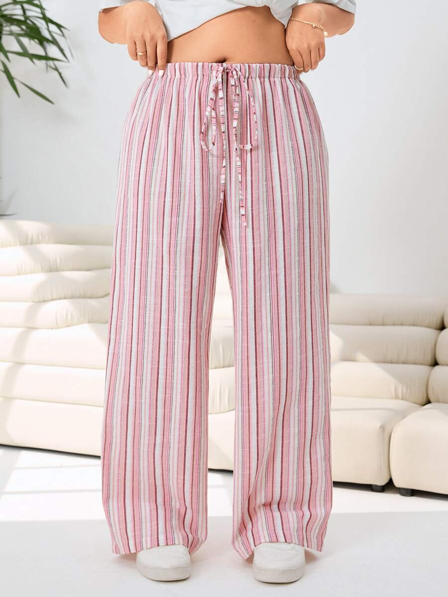 Solflare Plus Size Women Striped Patchwork Drawstring Waist Casual Pants Fall - White - View 1