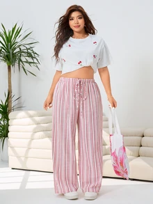 Solflare Plus Size Women Striped Patchwork Drawstring Waist Casual Pants Fall - White - View 5