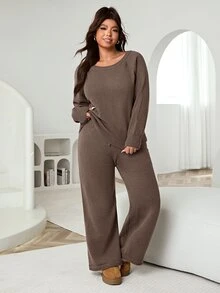 Solflare Conjunto de suéter y pantalones anchos de talla grande para mujer, de unicolor, para uso casual y diario, para otoño/invierno - Café integral - Ver 4