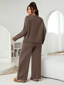 Solflare Conjunto de suéter y pantalones anchos de talla grande para mujer, de unicolor, para uso casual y diario, para otoño/invierno - Café integral - Ver 2