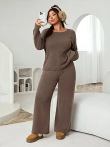 Solflare Conjunto de suéter y pantalones anchos de talla grande para mujer, de unicolor, para uso casual y diario, para otoño/invierno - Café integral - Ver 3