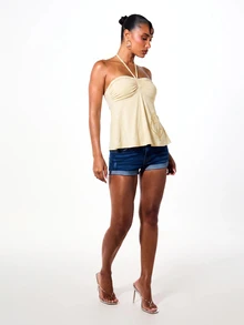 BABYPHAT Halter Neck Ruched Bust Peplum Top With Gold Foil Figure Print Tie Back Open Back Flowy Hem Summer Holiday Party Top - Cream - View 3