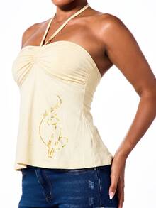 BABYPHAT Halter Neck Ruched Bust Peplum Top With Gold Foil Figure Print Tie Back Open Back Flowy Hem Summer Holiday Party Top - Cream - View 6