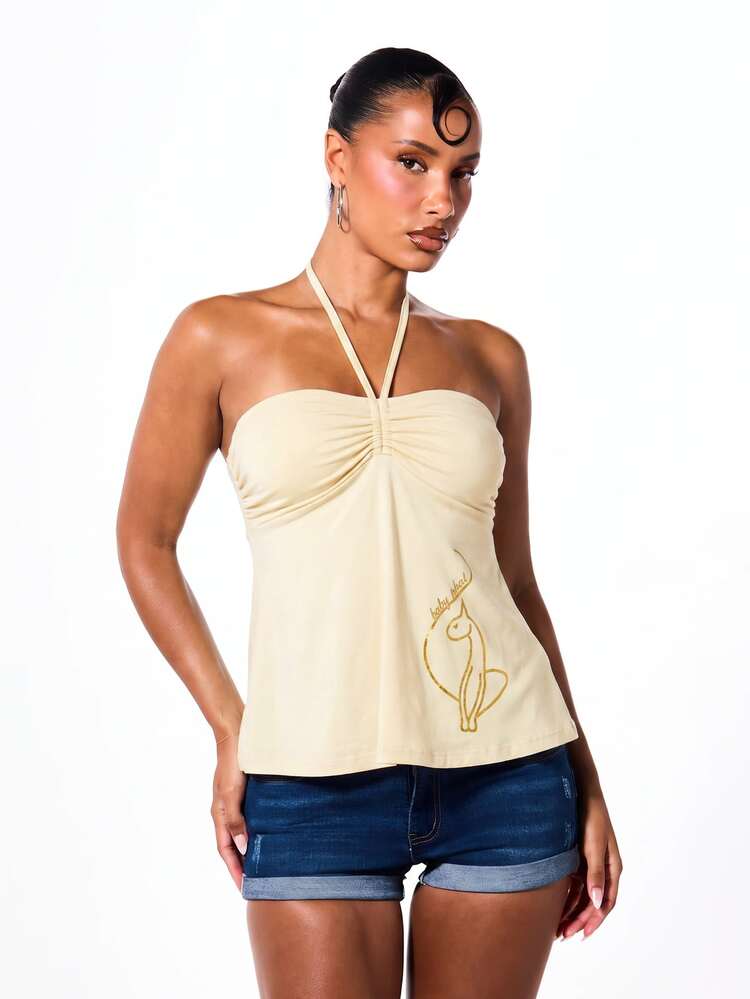 BABYPHAT Halter Neck Ruched Bust Peplum Top With Gold Foil Figure Print Tie Back Open Back Flowy Hem Summer Holiday Party Top - Cream - View 5