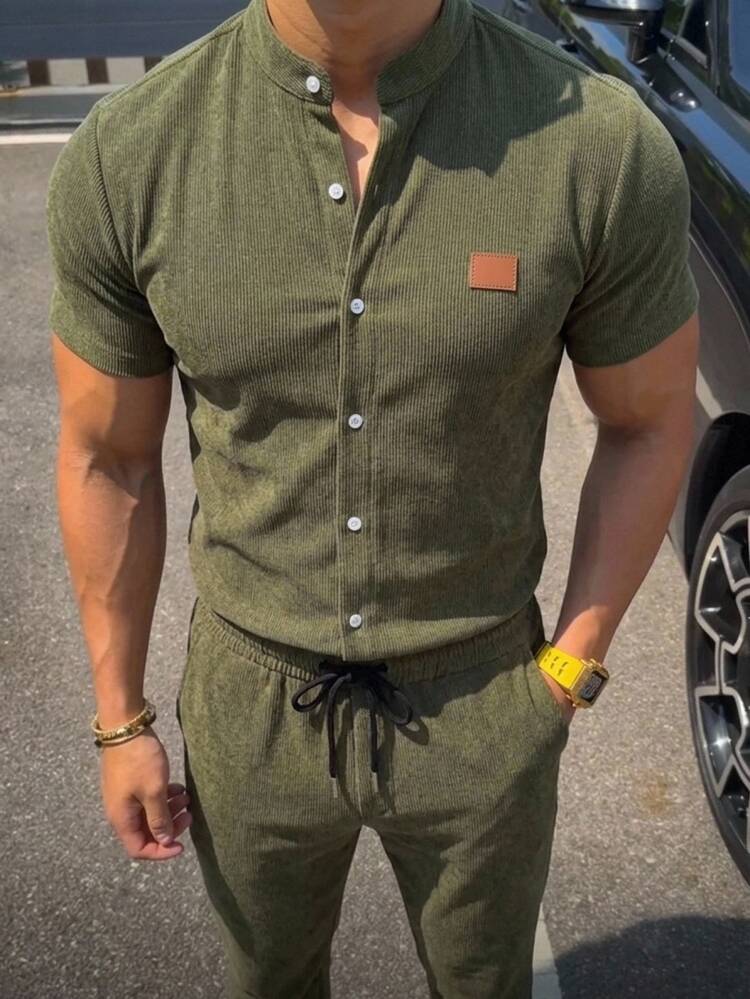 HIMLAND Men's Matching Set, 2-Piece Outfit, Olive Green Shirt And Pants, Mandarin Collar Short Sleeve, Textured Co-Ord Set, Drawstring Trousers - Army Green - View 1