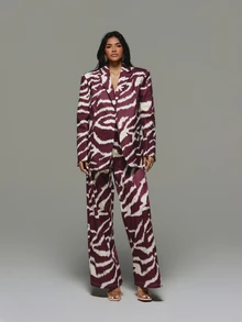 KIZN High Rise Wide Leg Satin Pants With Zebra Abstract Print Full Length Palazzo Trousers Spring Summer Holiday Evening - Red - View 3