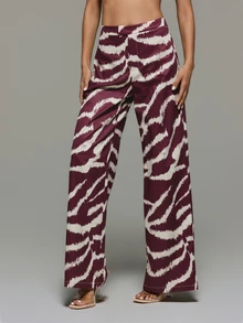 KIZN High Rise Wide Leg Satin Pants With Zebra Abstract Print Full Length Palazzo Trousers Spring Summer Holiday Evening - Red - View 2