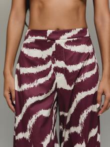 KIZN High Rise Wide Leg Satin Pants With Zebra Abstract Print Full Length Palazzo Trousers Spring Summer Holiday Evening - Red - View 4