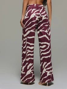 KIZN High Rise Wide Leg Satin Pants With Zebra Abstract Print Full Length Palazzo Trousers Spring Summer Holiday Evening - Red - View 5