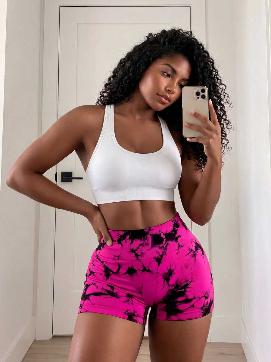 Core Rhythm Pantalones cortos deportivos sin costuras de tiro alto con estampado de teñido anudado - Multicolor - Ver 1