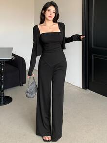 DAZY Ladies' Solid Color Long Sleeve Crop Top And Long Pants Three-Piece Set Lounge Sets For Women - Black - View 2