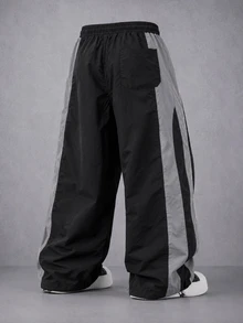 Manfinity Denimwave 男士寬鬆寬腿雙色黑灰抽繩運動長褲 側條紋街頭風慢跑褲 嘻哈休閒居家褲 - 黑色 - 查看 2
