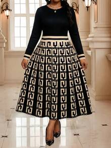 SHEIN Lady CURVE Gaun Ukuran Besar Elegan Kasual untuk Komuter, Kantor, Makan Malam, Acara Pembaptisan, Tamu Formal, Motif Geometris, Warna Hitam, Musim Gugur - MultiWarna - View 4
