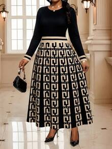 SHEIN Lady CURVE Gaun Ukuran Besar Elegan Kasual untuk Komuter, Kantor, Makan Malam, Acara Pembaptisan, Tamu Formal, Motif Geometris, Warna Hitam, Musim Gugur - MultiWarna - View 5