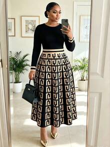 SHEIN Lady CURVE Gaun Ukuran Besar Elegan Kasual untuk Komuter, Kantor, Makan Malam, Acara Pembaptisan, Tamu Formal, Motif Geometris, Warna Hitam, Musim Gugur - MultiWarna - View 6
