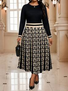 SHEIN Lady CURVE Gaun Ukuran Besar Elegan Kasual untuk Komuter, Kantor, Makan Malam, Acara Pembaptisan, Tamu Formal, Motif Geometris, Warna Hitam, Musim Gugur - MultiWarna - View 3