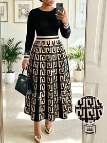 SHEIN Lady CURVE Gaun Ukuran Besar Elegan Kasual untuk Komuter, Kantor, Makan Malam, Acara Pembaptisan, Tamu Formal, Motif Geometris, Warna Hitam, Musim Gugur - MultiWarna - View 1