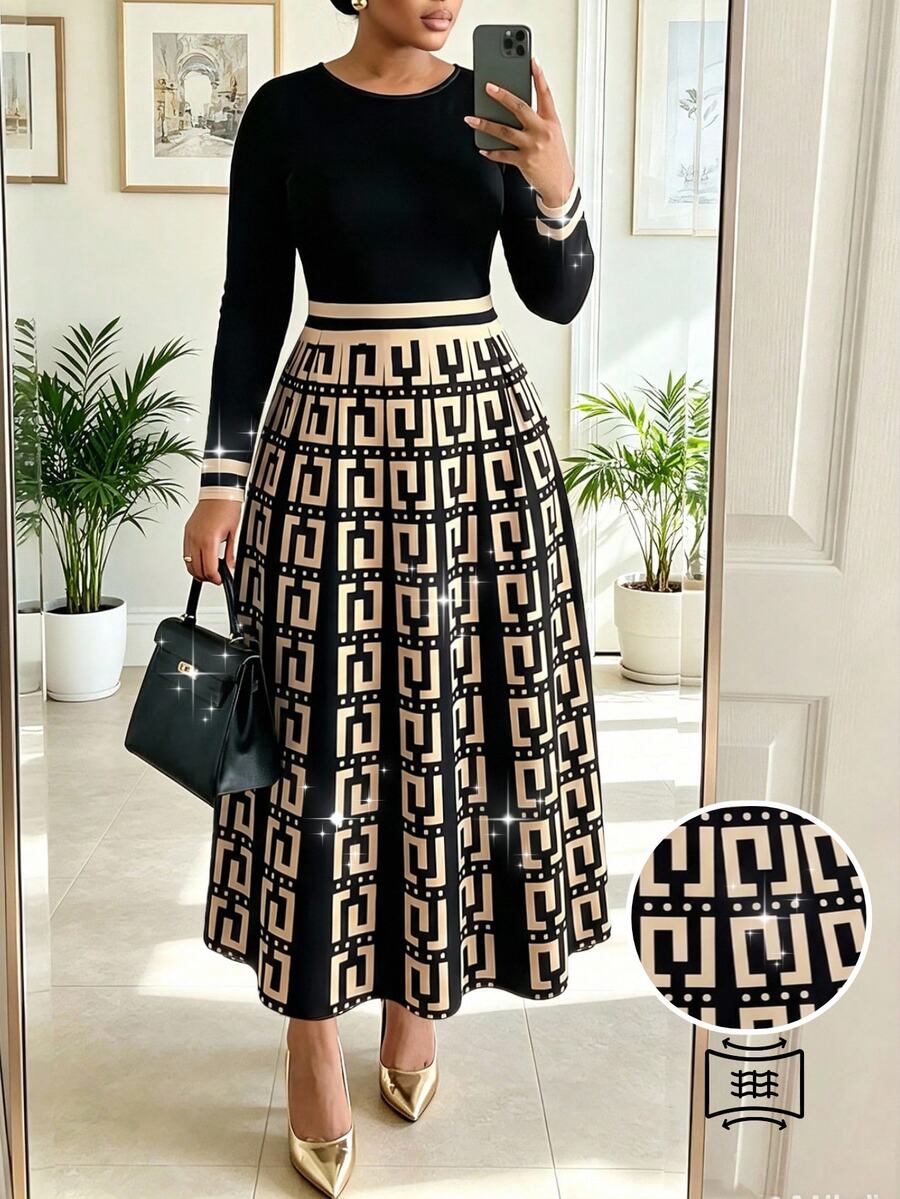 SHEIN Lady CURVE Gaun Ukuran Besar Elegan Kasual untuk Komuter, Kantor, Makan Malam, Acara Pembaptisan, Tamu Formal, Motif Geometris, Warna Hitam, Musim Gugur - MultiWarna - View 1