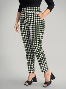 Comfylo Plus Size Vintage Houndstooth Colorblock Pocket High Waist Cropped Tapered Pants - Green - View 6