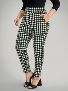 Comfylo Plus Size Vintage Houndstooth Colorblock Pocket High Waist Cropped Tapered Pants - Green - View 4