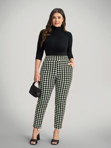 Comfylo Plus Size Vintage Houndstooth Colorblock Pocket High Waist Cropped Tapered Pants - Green - View 5
