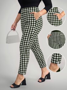 Comfylo Plus Size Vintage Houndstooth Colorblock Pocket High Waist Cropped Tapered Pants - Green - View 3