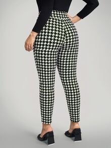 Comfylo Plus Size Vintage Houndstooth Colorblock Pocket High Waist Cropped Tapered Pants - Green - View 2