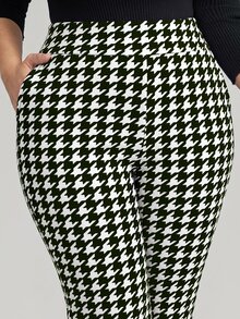 Comfylo Plus Size Vintage Houndstooth Colorblock Pocket High Waist Cropped Tapered Pants - Green - View 9