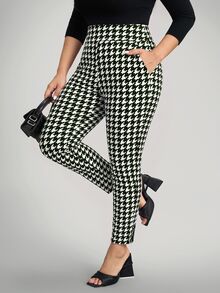 Comfylo Plus Size Vintage Houndstooth Colorblock Pocket High Waist Cropped Tapered Pants - Green - View 1