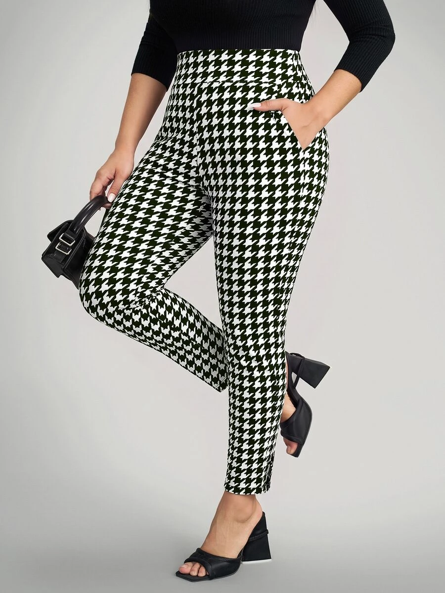 Comfylo Plus Size Vintage Houndstooth Colorblock Pocket High Waist Cropped Tapered Pants - Green - View 1