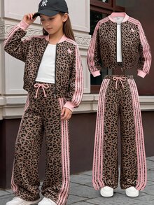 SHEIN 兒童青少年女孩秋冬休閒街頭風豹紋條紋兩件套 長袖拉鍊連帽外套 + 寬腿運動長褲 休閒套裝，適合外出，舒適 - 彩色 - 查看 3