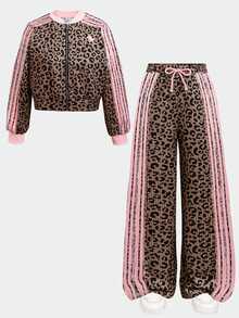 SHEIN 兒童青少年女孩秋冬休閒街頭風豹紋條紋兩件套 長袖拉鍊連帽外套 + 寬腿運動長褲 休閒套裝，適合外出，舒適 - 彩色 - 查看 4