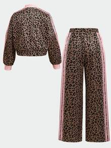 SHEIN 兒童青少年女孩秋冬休閒街頭風豹紋條紋兩件套 長袖拉鍊連帽外套 + 寬腿運動長褲 休閒套裝，適合外出，舒適 - 彩色 - 查看 5
