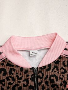 SHEIN 兒童青少年女孩秋冬休閒街頭風豹紋條紋兩件套 長袖拉鍊連帽外套 + 寬腿運動長褲 休閒套裝，適合外出，舒適 - 彩色 - 查看 7