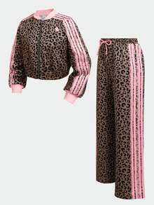 SHEIN 兒童青少年女孩秋冬休閒街頭風豹紋條紋兩件套 長袖拉鍊連帽外套 + 寬腿運動長褲 休閒套裝，適合外出，舒適 - 彩色 - 查看 2