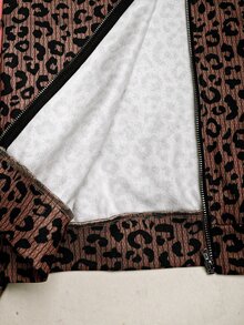 SHEIN 兒童青少年女孩秋冬休閒街頭風豹紋條紋兩件套 長袖拉鍊連帽外套 + 寬腿運動長褲 休閒套裝，適合外出，舒適 - 彩色 - 查看 12