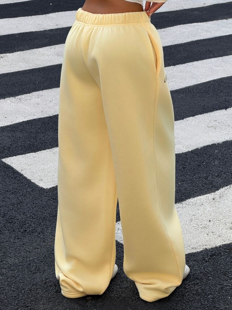 Muchica Side Vertical Stripe Wide‑Leg Sweatpants Women Y2K Letter Embroidery Elastic Waist Loose Casual Fall Going‑Out Jogger Yellow Pants Brown Splicing - Yellow - View 2