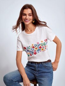 Dayvera 女款仿刺繡印花休閒夏季T恤，外出上衣，白色上衣 - 白色 - 查看 5